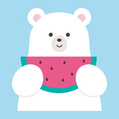 夏のスイカとかわいいシロクマのイラスト