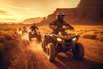 A close - up photo of a group of people riding ATV vehicles on an off - road track during a touristic adventure. Generative AI