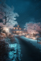 Illuminated Japanese House, in a Magical Winter Garden, Nature Landscape at Night.