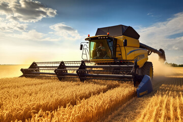 Obraz premium Harvester combine working on a field in afternoon, front wide angle view, golden wheat field foreground - agriculture concept. Generative AI