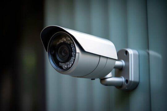 A close - up photo of a modern CCTV security camera mounted on the exterior wall of a private home. Generative AI