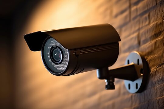 A close - up photo of a modern CCTV security camera mounted on the exterior wall of a private home. Generative AI
