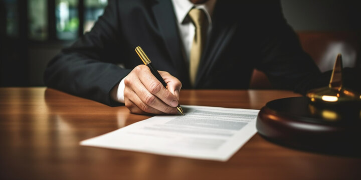 Gesch&auml;ftsmann im Anzug am Schreibtisch unterzeichnet einen Vertrag, ai generativ