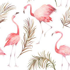 Tropical seamless pattern with flamingo and palm trees. Watercolor  print on white background. Summer hand drawn illustration © natikka