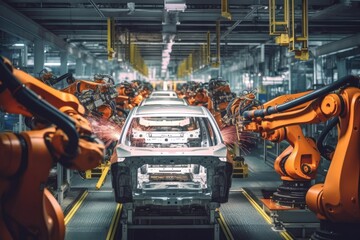 A close - up photo of a state - of - the - art assembly line in a car factory, showcasing the integration of automated robot arms and human workers. Generative AI
