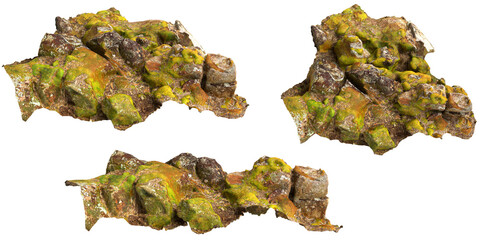 3d illustration of moss covered rocks, placed on moss shelf isolated on transparent background