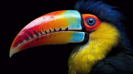 Brightly colored toucan, its vibrant beak and feathers contrasting against the monochrome backdrop.