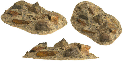 3d illustration of rocks on gravel shelf isolated on transparent background