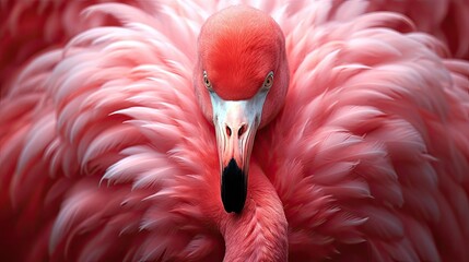 A striking close-up of a vibrant pink flamingo, its elongated neck and feathery plumage.