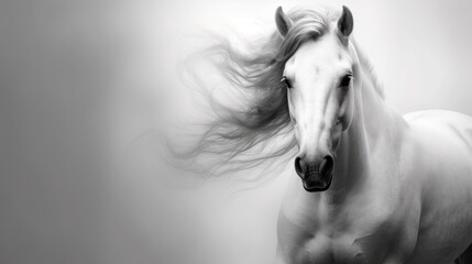 Majestic white horse, its flowing mane and powerful gaze.