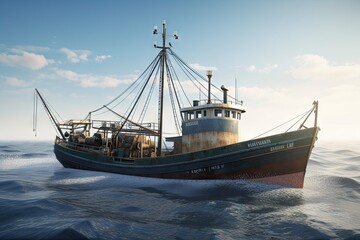 Large Fishing Trawler in the Ocean with Seafood Catch - Background Boat Image
