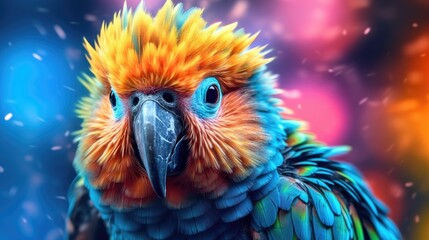 Multi - colored parrot, its vibrant feathers capturing attention against the monochrome background.