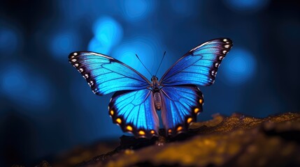 Fototapeta na wymiar Deep blue morpho butterfly, its magnificent wings shimmering against the monochrome background.