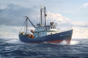 Large Fishing Trawler in the Ocean with Seafood Catch - Background Boat Image