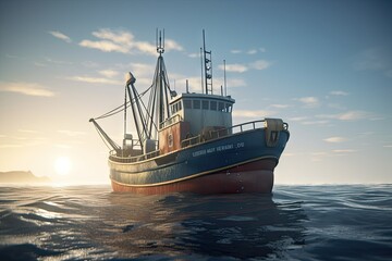 Fototapeta premium Large Fishing Trawler in the Ocean with Seafood Catch - Background Boat Image