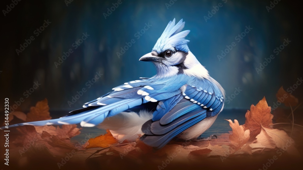 Wall mural vibrant blue jay perched on a monochrome canvas, its feathers displaying an array of shades.