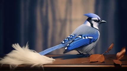 Vibrant blue jay perched on a monochrome canvas, its feathers displaying an array of shades. - obrazy, fototapety, plakaty