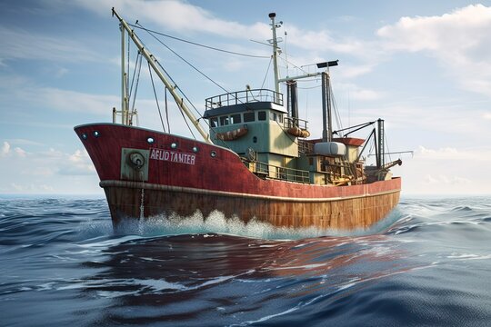 Large Fishing Trawler in the Ocean with Seafood Catch - Background Boat Image