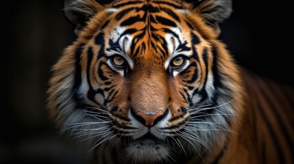 Fototapeta premium Radiant yellow - gold lion, its intense gaze directed towards the camera against a monochrome background.