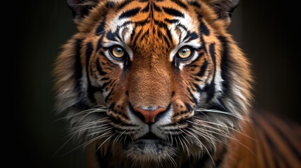 Fototapeta premium Radiant yellow - gold lion, its intense gaze directed towards the camera against a monochrome background.