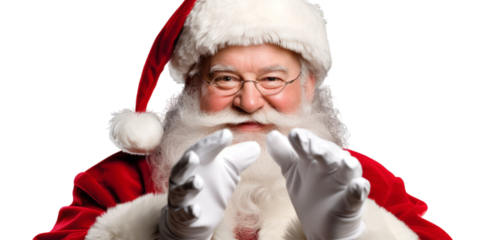 photo of a happy smiling santa claus with his red coat and christmas hat with his hands in white gloves. isolated on transparent background. png. Generative AI