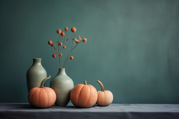 autumn still life with pumpkins and a vase of flowers, cozy atmosphere and pastel colors. ai generative - obrazy, fototapety, plakaty