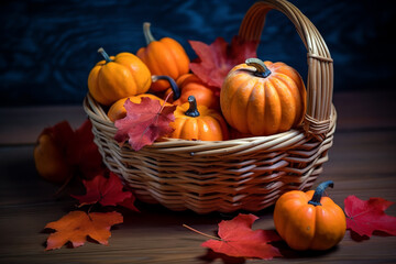 autumn still life with pumpkins in a wicker basket for thanksgiving day. ai generative