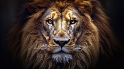 Fototapeta na wymiar Yellow - gold lion, its intense gaze directed towards the camera against a monochrome background.