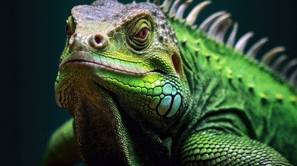 Fototapeta premium Green iguana on a monochrome surface, its scaly skin and piercing gaze creating a powerful image.