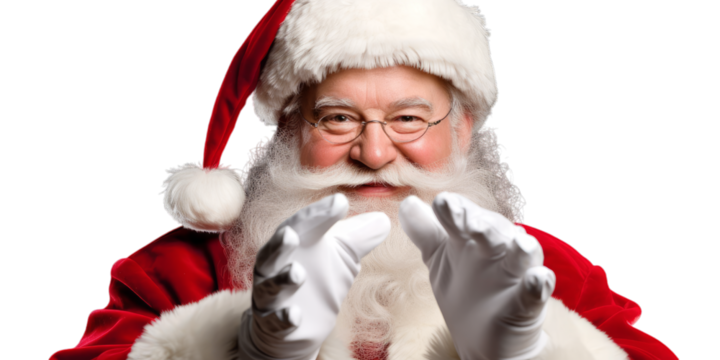 photo of a happy smiling santa claus with his red coat and christmas hat with his hands in white gloves. isolated on transparent background. png. Generative AI
