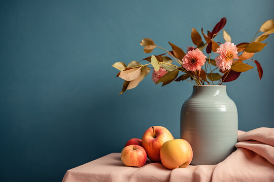 autumn still life with apples and a vase of flowers, cozy atmosphere and pastel colors. ai generative