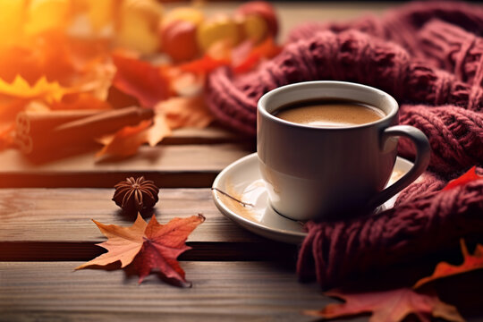 Autumn, autumn leaves, a hot steaming cup of coffee and a warm scarf on a wooden table background. Seasonal, morning coffee, sunday rest and still life concept.ai generative