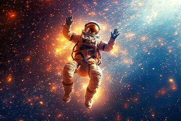 Fototapeta premium Astronaut floating on the space with universe galaxy stars background, to the moon, explore the universe, science astronomy concept, cosmic fiction, with Generative Ai.