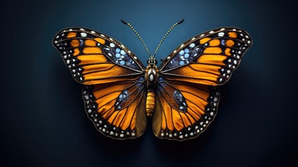 Vibrant orange and black monarch butterfly, set against a monochrome backdrop.