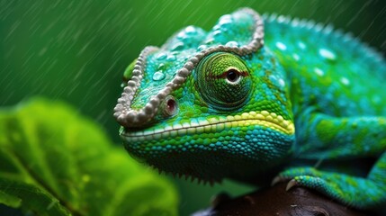 Obraz premium brilliant green chameleon, its vibrant scales contrasting against the monochrome setting.