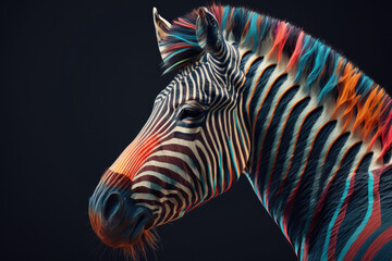 Fototapeta na wymiar Abstract animal African Zebra portrait with multi colored colorful on skin body and hairs paint, Vibrant bright gradients tone, with Generative AI.