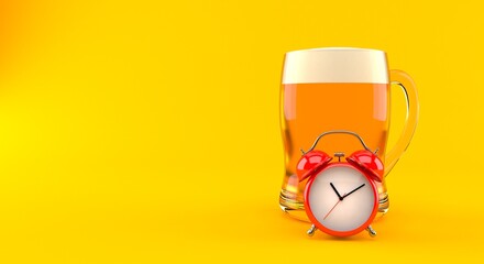 Glass of beer with alarm clock - 614494304