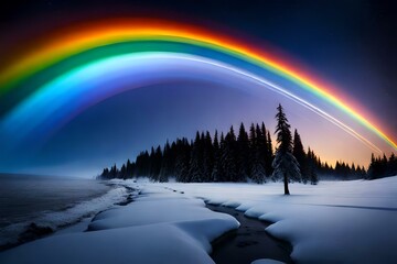 Fantastic Christmas landscape with a rainbow over a frozen lake.
