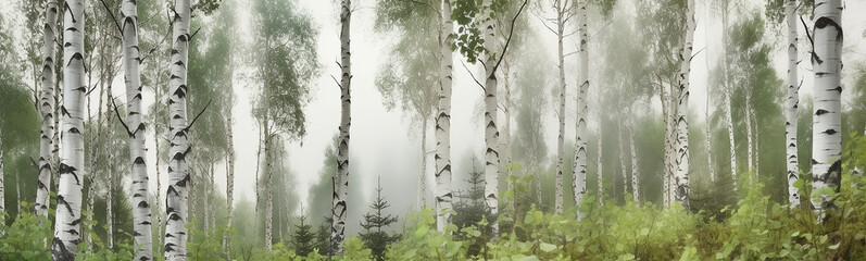 panorama of a green birch forest in the fog, long frame. Generative AI