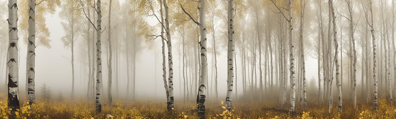 autumn birch forest fog landscape panorama October. generative  ai