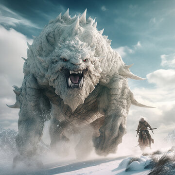 A man rides a giant monster fantasy art white lion style Generative AI