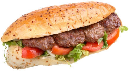 grilled meatballs sandwich with tomatoes, onion and lettuce