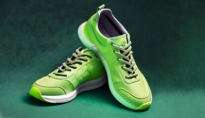 sporty green sneakers shoes on dark green background, shoe store shopping concept
