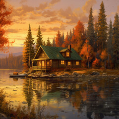 Fototapeta premium a paint cabin by lake with winter cabin by glowing lake with Acrylic Generative AI