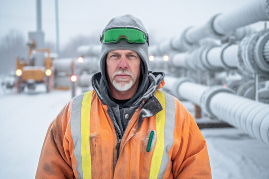 Worker man in orange builders jacket, warm fleece top with cap, green protective goggles. Blurred pipes background, cold winter atmosphere. Natural gas pipeline engineer as imagined by Generative AI