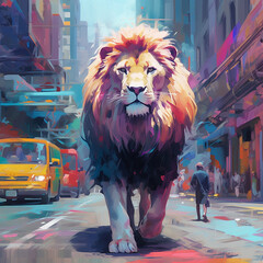 A painting Big Male Lion Walking On The market road Generative AI