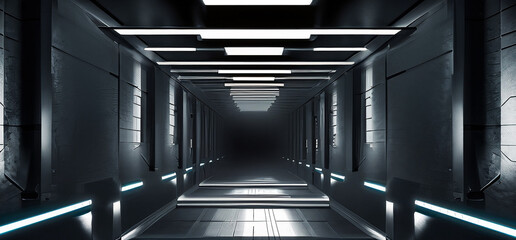 3d rendering bright metal corridor with light blue neon light