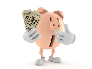 Piggy bank character holding tickets