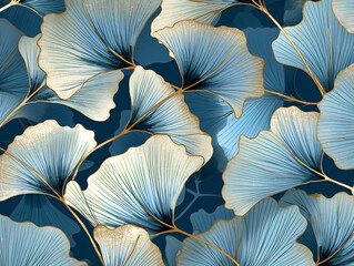 Ginkgo biloba abstract top view in blue golden colors, line design - 614495935