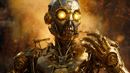 Shining steampunk robot portrait in cinematic style